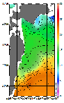 AMSRによる2025年12月9日の房総から道東沖合の海面水温4℃台から23℃台となっている