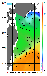 AMSRによる2025年12月14日の房総から道東沖合の海面水温3℃台から21℃台となっている
