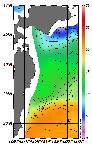 AMSRによる2025年12月19日の房総から道東沖合の海面水温3℃台から21℃台となっている