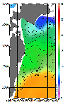 AMSRによる2025年12月23日の房総から道東沖合の海面水温3℃台から21℃台となっている