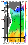 AMSRによる2025年12月26日の房総から道東沖合の海面水温0℃台から20℃台となっている