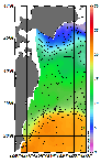 AMSRによる2025年12月27日の房総から道東沖合の海面水温2℃台から22℃台となっている