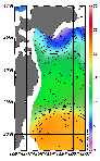 AMSRによる2025年12月28日の房総から道東沖合の海面水温2℃台から21℃台となっている