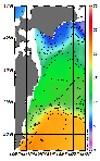 AMSRによる2025年12月29日の房総から道東沖合の海面水温2℃台から21℃台となっている