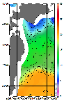 AMSRによる2025年12月30日の房総から道東沖合の海面水温4℃台から20℃台となっている