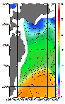AMSRによる2026年1月4日の房総から道東沖合の海面水温3℃台から21℃台となっている