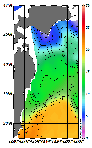 AMSRによる2026年1月5日の房総から道東沖合の海面水温2℃台から21℃台となっている