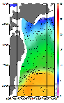 AMSRによる2026年1月13日の房総から道東沖合の海面水温3℃台から20℃台となっている