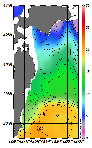 AMSRによる2026年1月14日の房総から道東沖合の海面水温2℃台から21℃台となっている