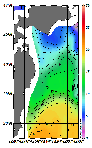 AMSRによる2026年1月20日の房総から道東沖合の海面水温1℃台から20℃台となっている