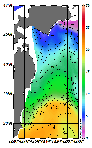 AMSRによる2026年1月21日の房総から道東沖合の海面水温0℃台から20℃台となっている