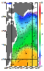 AMSRによる2026年1月22日の房総から道東沖合の海面水温1℃台から20℃台となっている