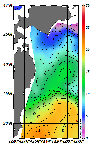 AMSRによる2026年1月24日の房総から道東沖合の海面水温1℃台から21℃台となっている