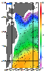 AMSRによる2026年1月29日の房総から道東沖合の海面水温1℃台から20℃台となっている