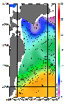 AMSRによる2026年1月31日の房総から道東沖合の海面水温1℃台から20℃台となっている