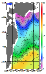 AMSRによる2026年2月7日の房総から道東沖合の海面水温1℃台から19℃台となっている