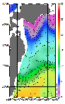 AMSRによる2026年2月8日の房総から道東沖合の海面水温0℃台から19℃台となっている
