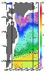 AMSRによる2026年2月14日の房総から道東沖合の海面水温0℃台から19℃台となっている