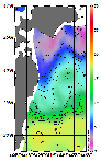 AMSRによる2026年2月16日の房総から道東沖合の海面水温0℃台から18℃台となっている