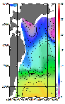 AMSRによる2026年2月23日の房総から道東沖合の海面水温1℃台から18℃台となっている