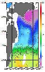 AMSRによる2026年3月19日の房総から道東沖合の海面水温0℃台から19℃台となっている