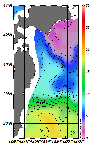 AMSRによる2026年3月23日の房総から道東沖合の海面水温1℃台から18℃台となっている