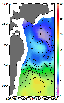 AMSRによる2026年3月27日の房総から道東沖合の海面水温2℃台から18℃台となっている