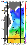 AMSRによる2026年3月29日の房総から道東沖合の海面水温2℃台から19℃台となっている