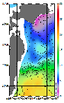 AMSRによる2026年3月30日の房総から道東沖合の海面水温1℃台から19℃台となっている
