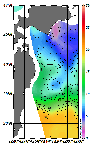 AMSRによる2026年4月16日の房総から道東沖合の海面水2℃台から20℃台となっている