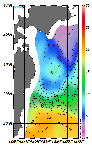 AMSRによる2026年4月19日の房総から道東沖合の海面水2℃台から20℃台となっている
