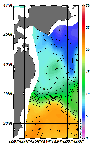 AMSRによる2026年4月26日の房総から道東沖合の海面水温3℃台から21℃台となっている
