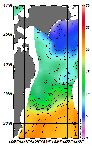 AMSRによる2026年5月8日の房総から道東沖合の海面水温3℃台から21℃台となっている