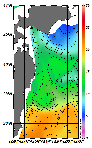 AMSRによる2026年5月9日の房総から道東沖合の海面水温4℃台から21℃台となっている