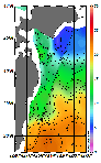 AMSRによる2026年5月14日の房総から道東沖合の海面水温4℃台から23℃台となっている