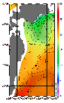 AMSRによる2026年7月4日の房総から道東沖合の海面水温9℃台から24℃台となっている