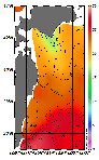 AMSRによる2026年7月28日の房総から道東沖合の海面水温16℃台から28℃台となっている
