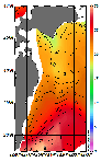AMSRによる2026年8月3日の房総から道東沖合の海面水温17℃台から30℃台となっている
