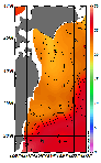 AMSRによる2026年8月14日の房総から道東沖合の海面水温19℃台から28℃台となっている