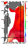 AMSRによる2026年8月23日の房総から道東沖合の海面水温21℃台から29℃台となっている
