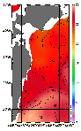 AMSRによる2026年8月25日の房総から道東沖合の海面水温23℃台から29℃台となっている