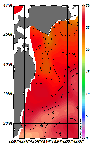AMSRによる2026年8月28日の房総から道東沖合の海面水温22℃台から29℃台となっている