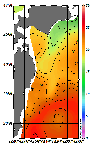 AMSRによる2026年10月14日の房総から道東沖合の海面水温14℃台から25℃台となっている